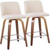 Toriano 24" Swivel Counter Stool in Walnut Wood & Cream Noise Fabric w/ Chrome Footrest (Set of 2)